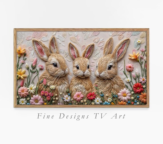 Three Bunnies Flower Field Textured Spring Rabbit Trio Art Print