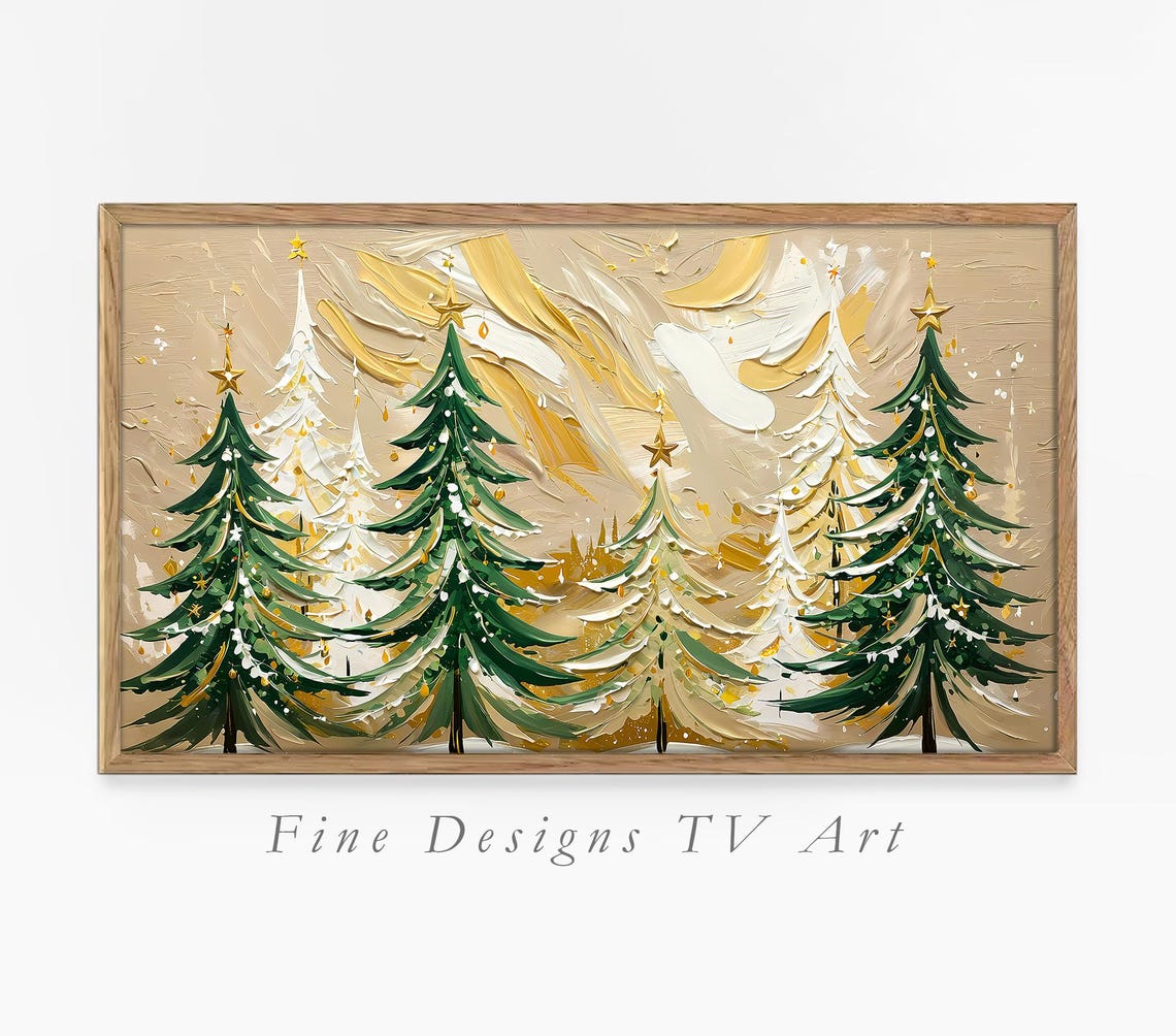 Festive Christmas Trees Gold Stars Green White Holiday Art Poster