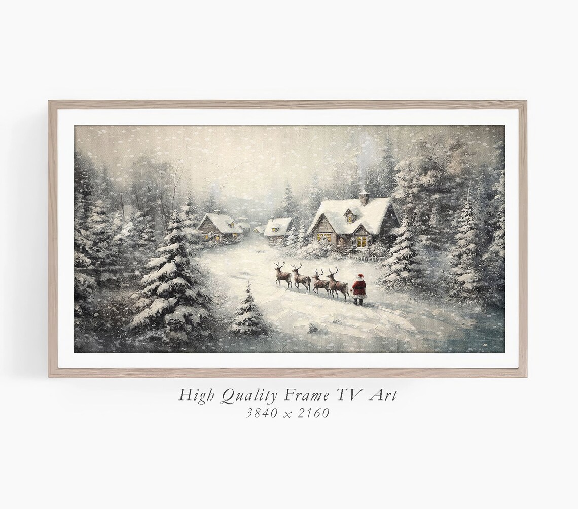 Santa Claus Sleigh Reindeer Christmas Night Snowy Village Art Poster - Image 2