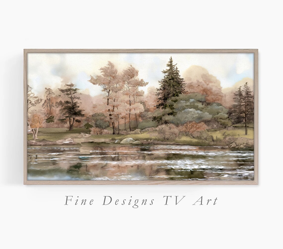 Vintage Pond Reflection Trees Calm Water Neutral Landscape Art Poster