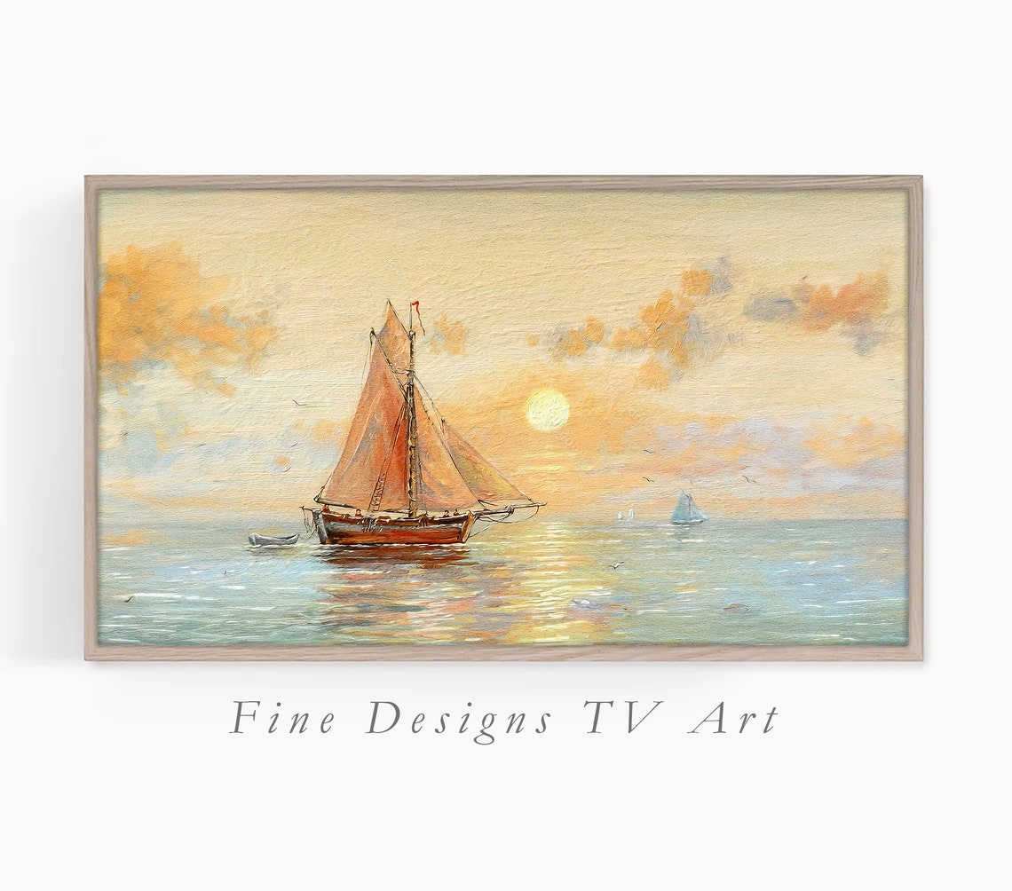 Vintage Sailboat Ocean Sunset Golden Sea Sailing Ship Oil Art Poster