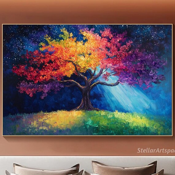 Large Colorful Textured Tower Tree Wall Art Original Abstract Starry Night Oil Painting Hand Painted Texture Look Art Living Room Art
