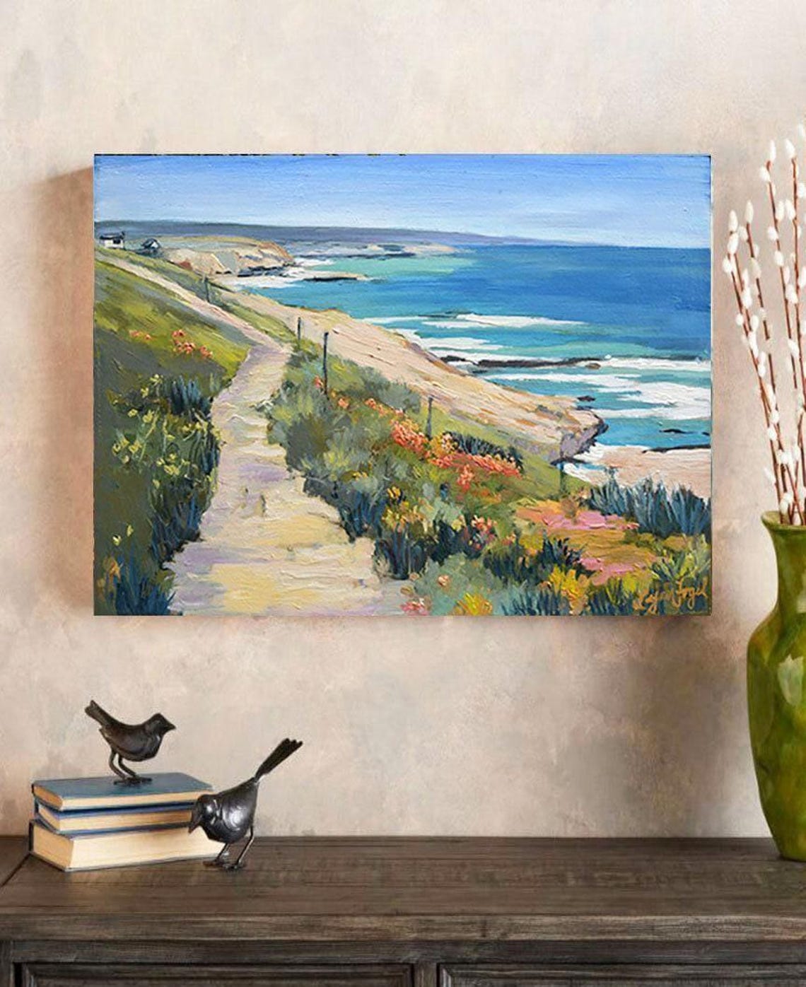 Cambria Coast Flower Trail Bluffs Blue Ocean Painting Poster - Image 5