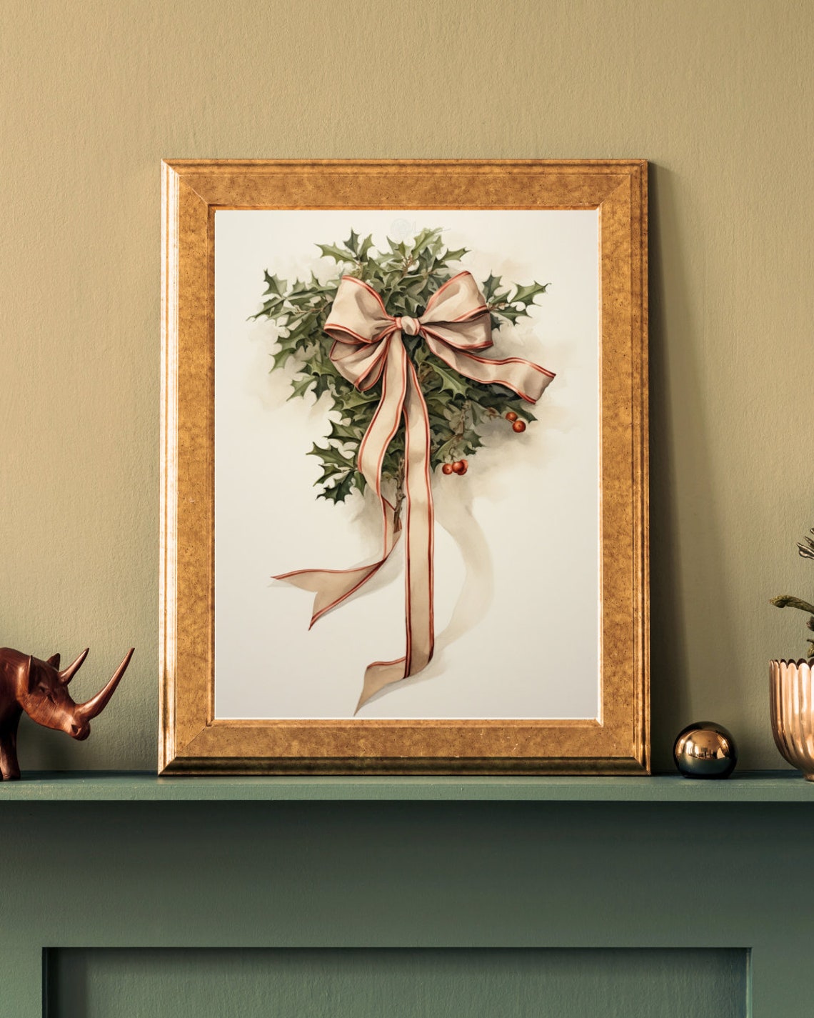 Holly Sprig With Beige Satin Bow Berries Vintage Christmas Art Print - Image 3