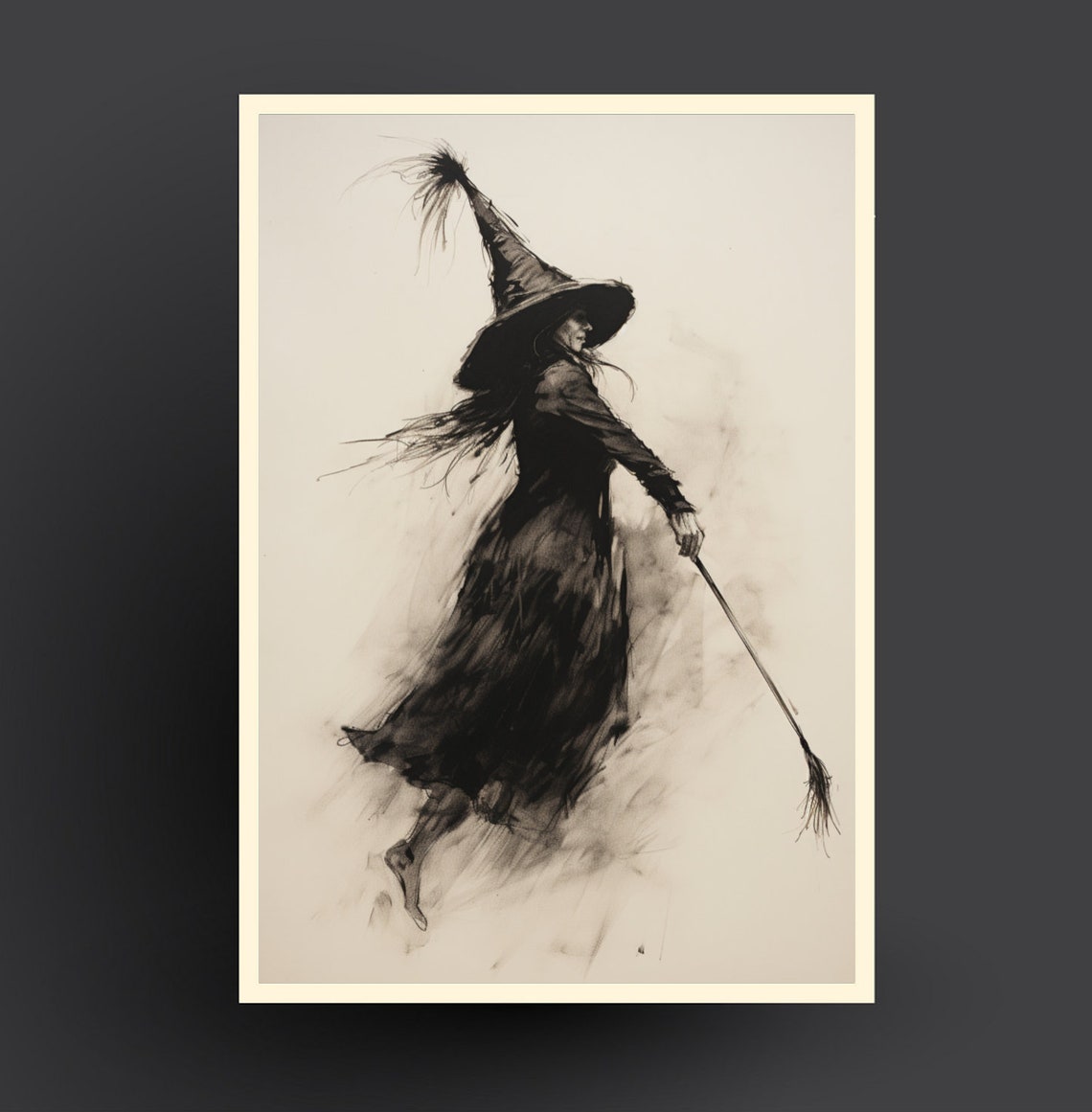 Witch With Broom Walking Ink Sketch Minimalist Spooky Halloween Poster
