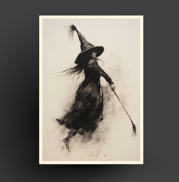 Witch With Broom Walking Ink Sketch Minimalist Spooky Halloween Poster