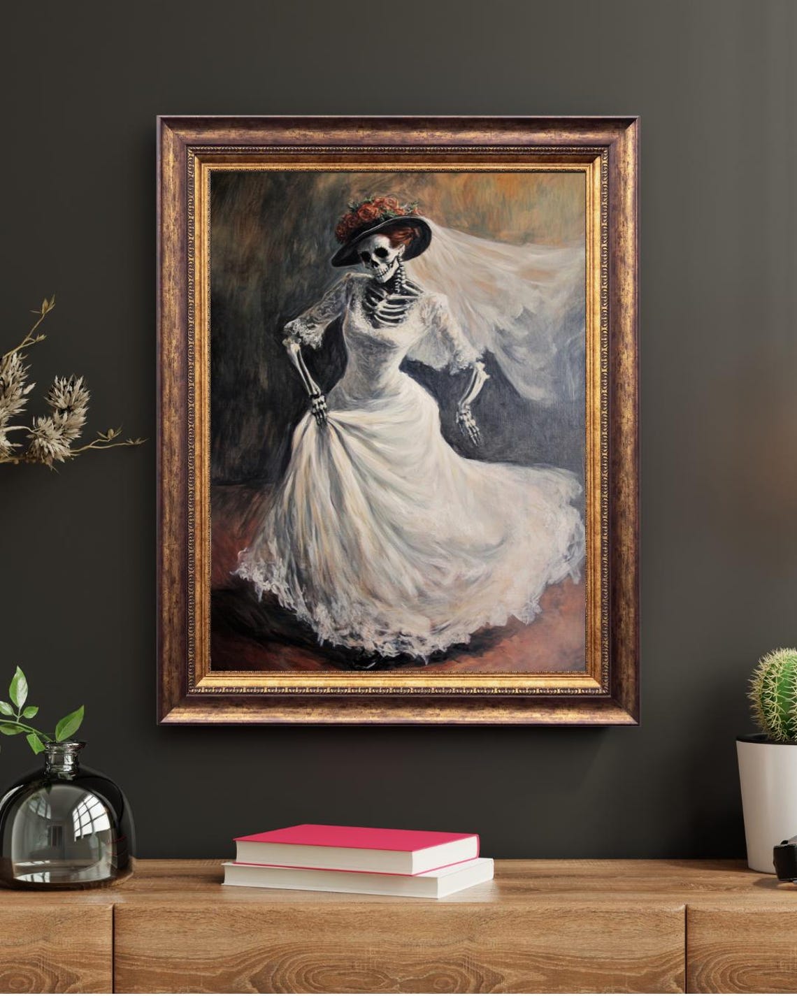 Dancing Skeleton Bride White Veil Rose Hat Halloween Painting Poster - Image 3