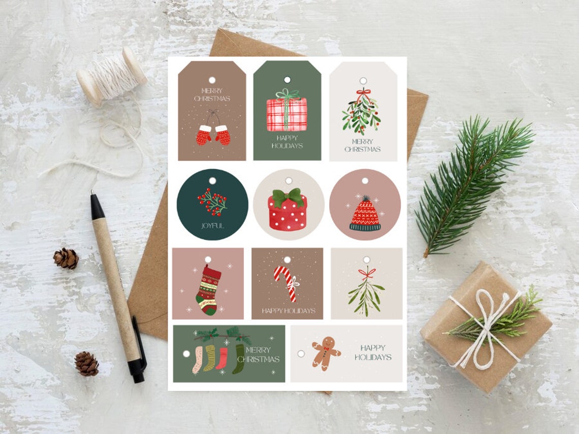 Christmas Gift Tag Sheet Festive Holiday Illustrations Print - Image 3