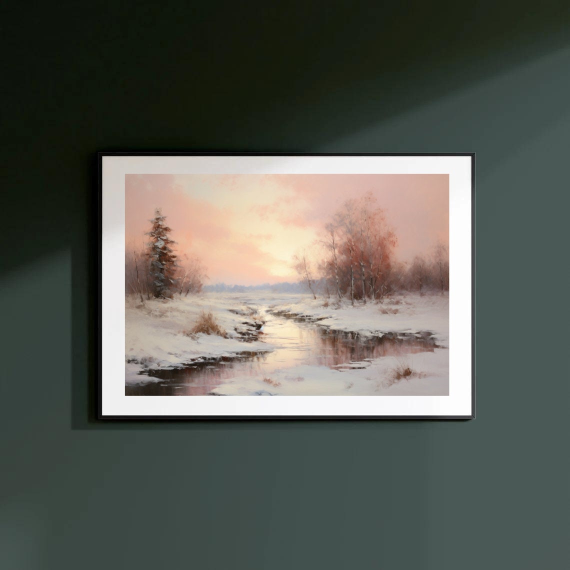 Snowy Winter Landscape Sunset Stream Impressionist Painting Poster - Image 3