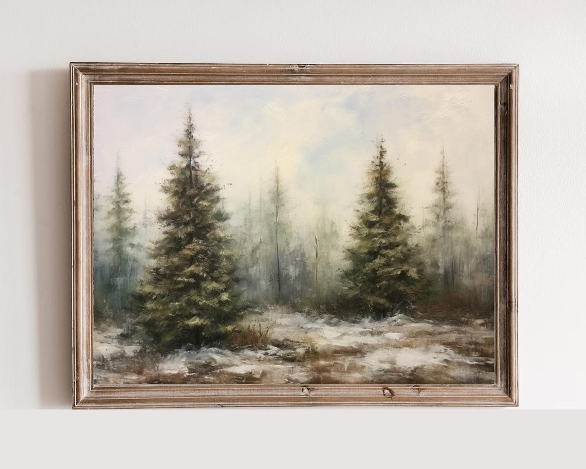 Misty Pine Forest Snow Quiet Winter Landscape Painting Poster