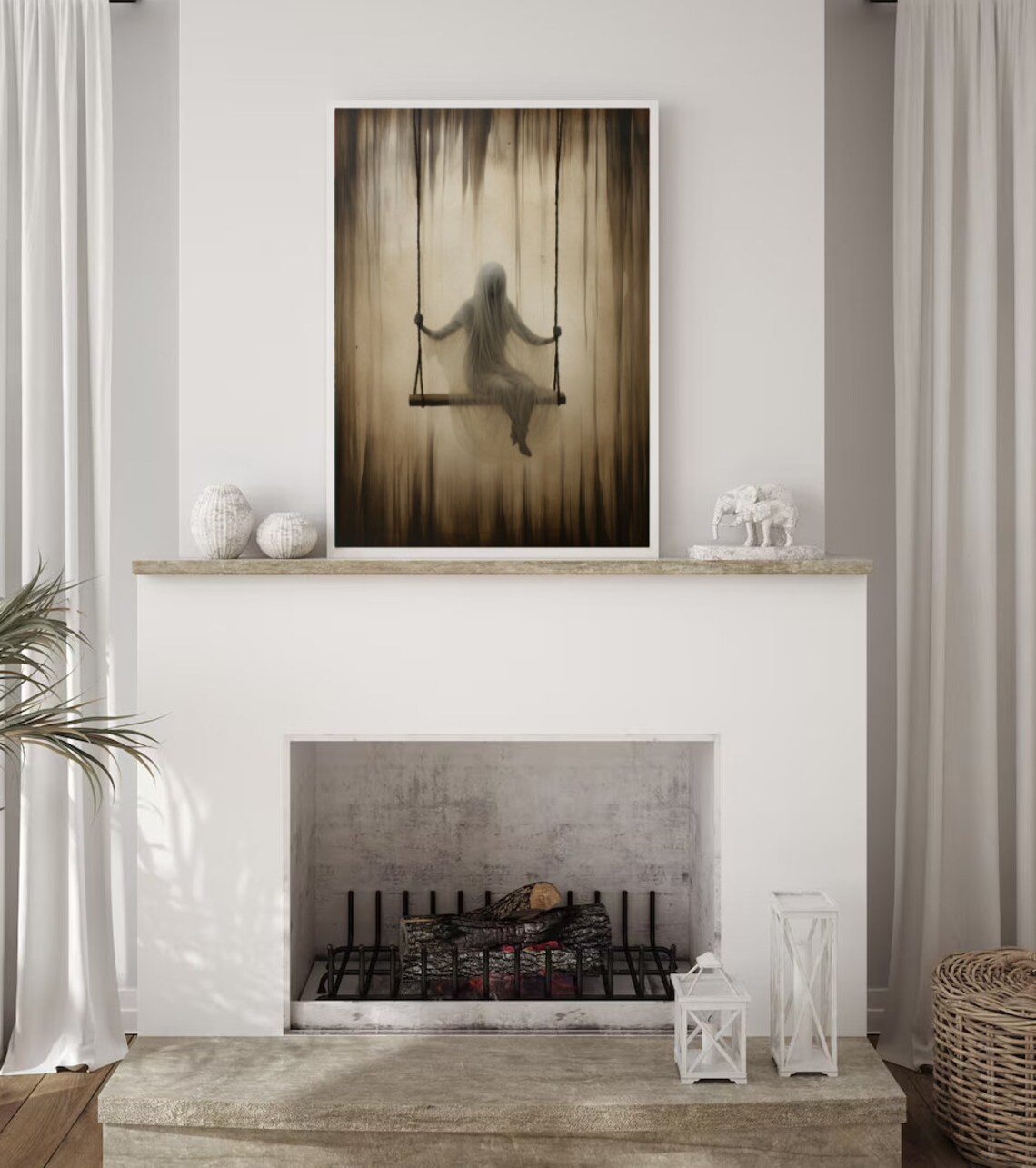 Sheeted Ghost On Swing Haunted Sepia Painting Witchy Halloween Poster - Image 4