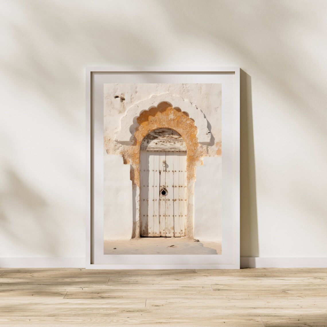 White Moroccan Door Ochre Stucco Arch Minimalist Travel Art Print - Image 3