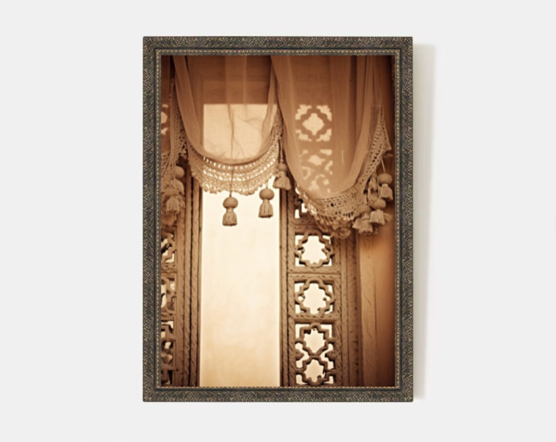 Moroccan Carved Wood Window Sheer Tassel Curtain Photo Poster