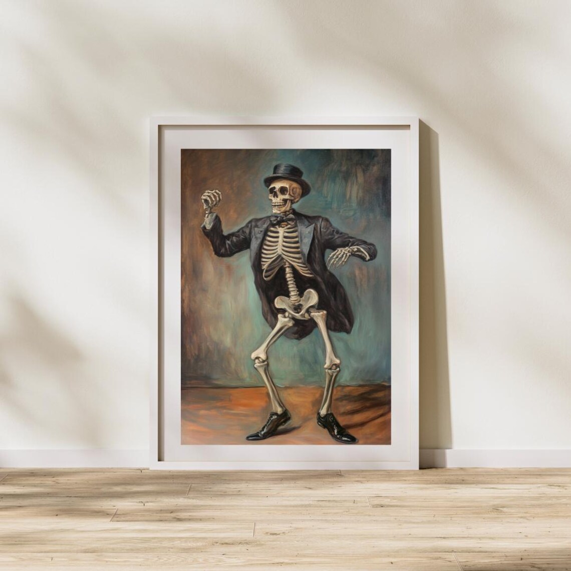 Dancing Skeleton Groom Top Hat Tuxedo Vintage Halloween Painting Poster - Image 2