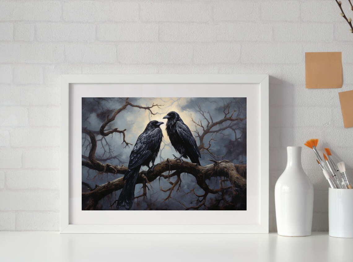Two Black Ravens On Branch Moody Midnight Oil Painting Halloween Poster - Image 4