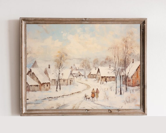 Neutral Antique Winter Oil Painting Snow Covered Village Impressionistic Vintage Landscape Winter Farmhouse Decor Moody Winter Painting