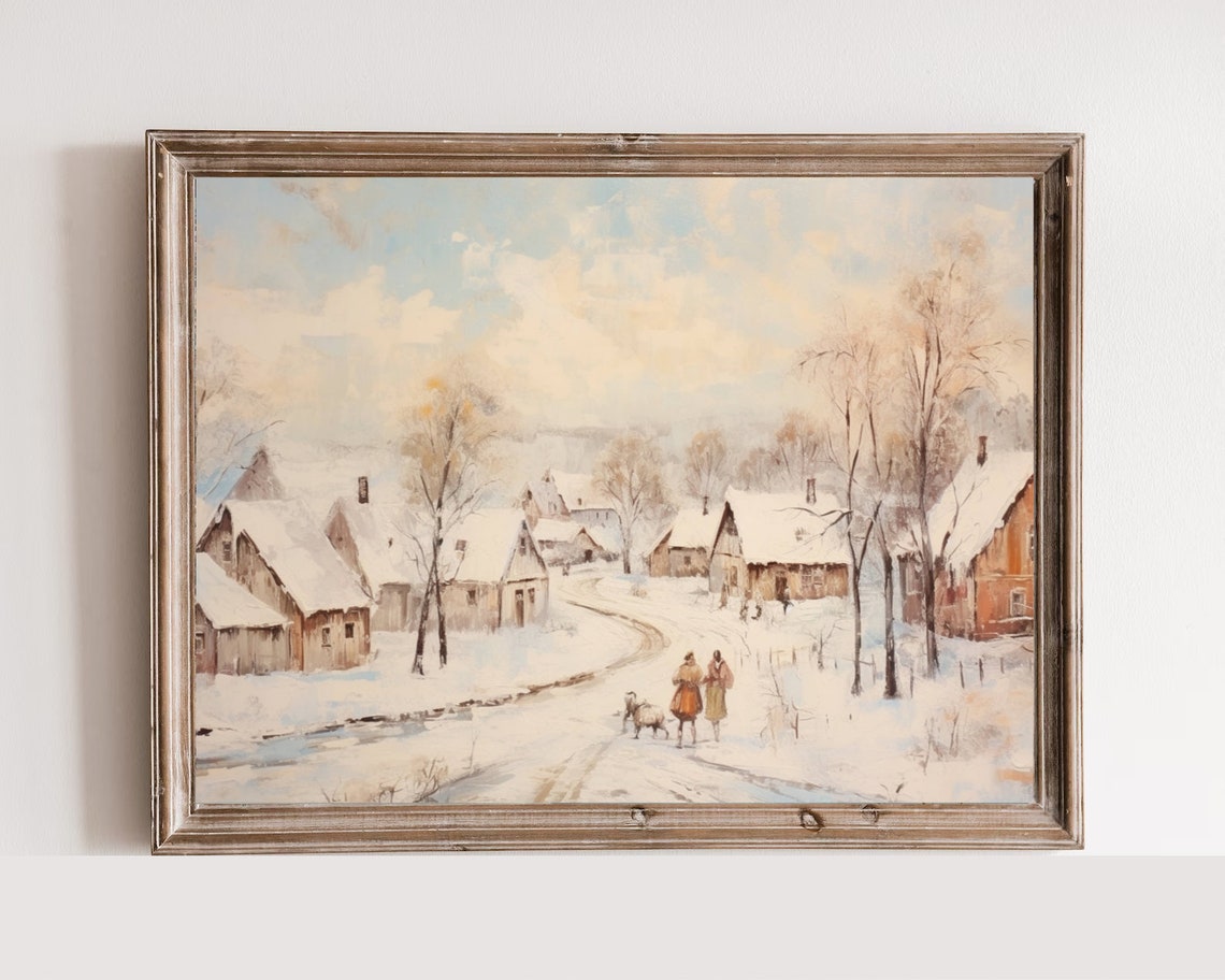Snow Covered Village Impressionist Winter Painting Landscape Art Print