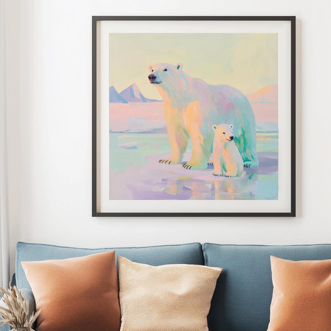 Polar Bear and Smiling Cub Pastel Arctic Mountains Art Wall Poster