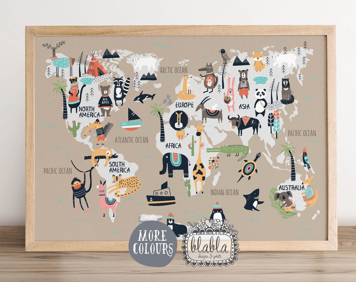 Cute Cartoon Animals Kids World Map Educational Nursery Poster Design