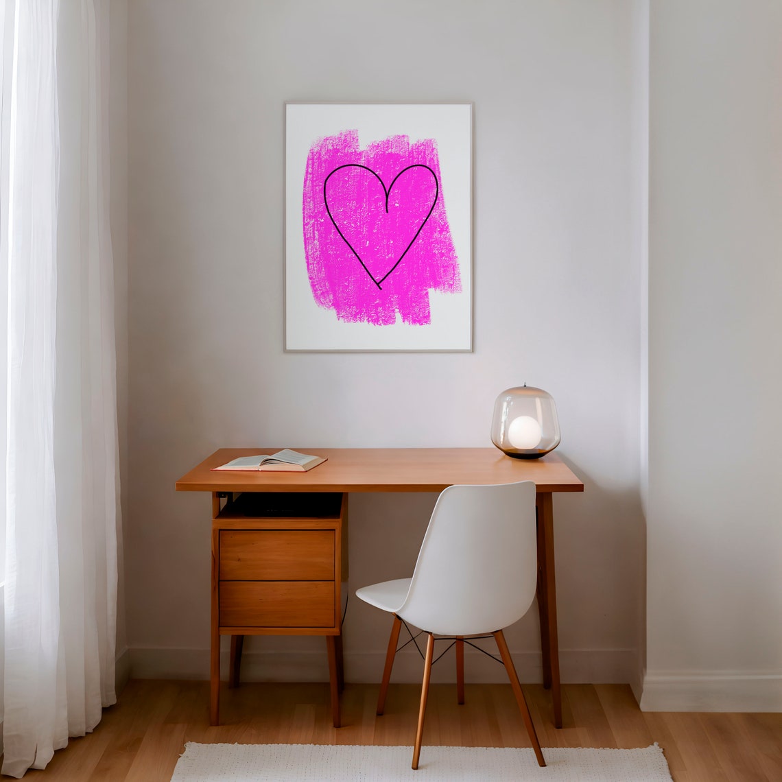 Pink Heart Outline Over Yellow Brushstroke Abstract Art Poster - Image 3