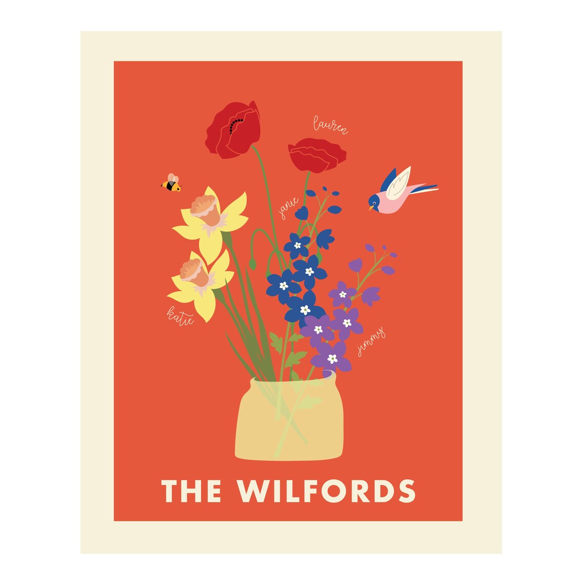Personalized Birth Flower Bouquet with Poppy and Bird Family Art Print - Image 4