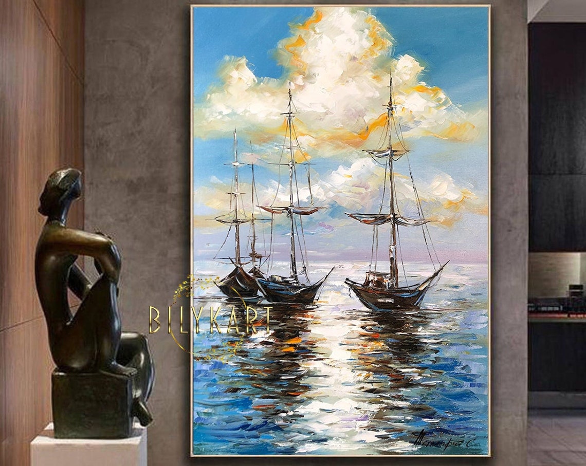 Sail Boat At Sea Oil Painting Original Sailboats Painting Sailing Wall Art Custom Boat Painting On Colorful Sunset Boats Art