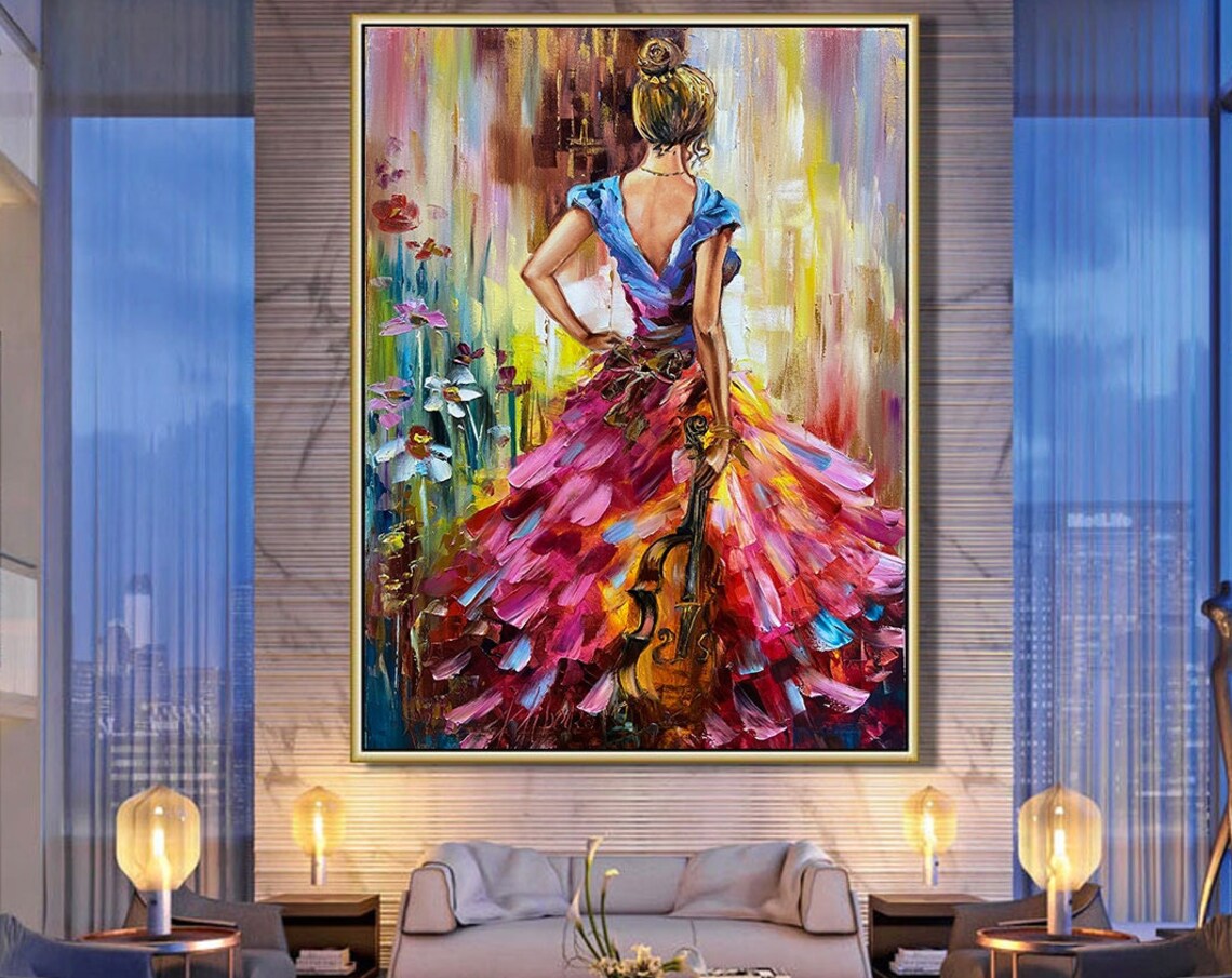 Violin Girl Oil Painting, Flower Dress Wall Art Print - Image 2