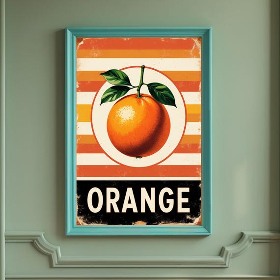 Fruit Wall Art Retro Orange Poster Vintage Citrus Kitchen Print Colorful Summer Decor