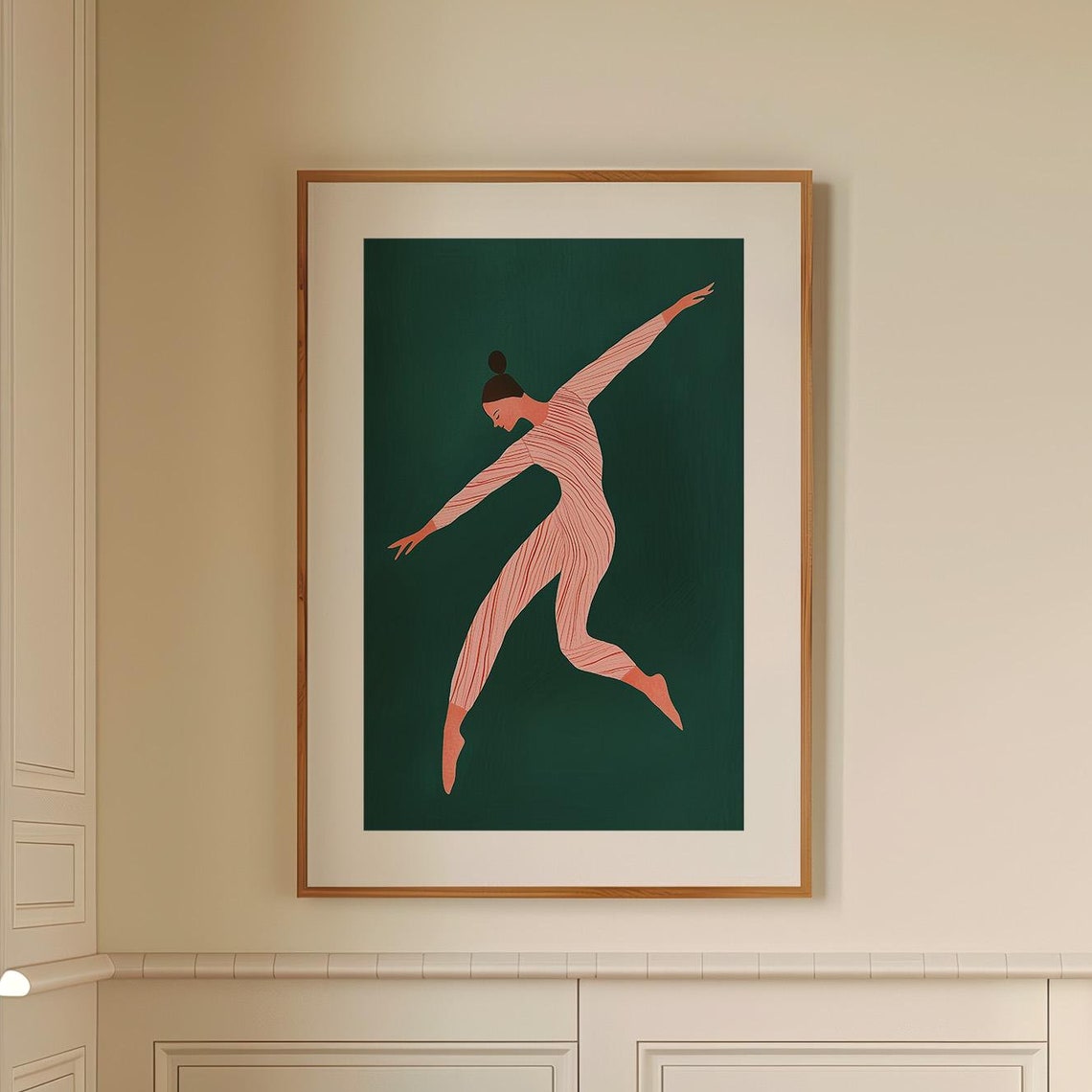 Ballerina in Mid Leap in Pink Bodysuit on Emerald Green Poster