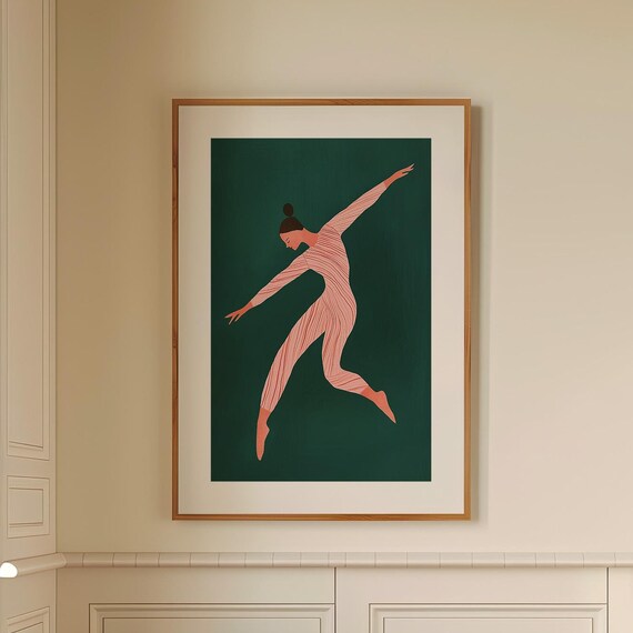 Ballerina in Mid Leap in Pink Bodysuit on Emerald Green Poster