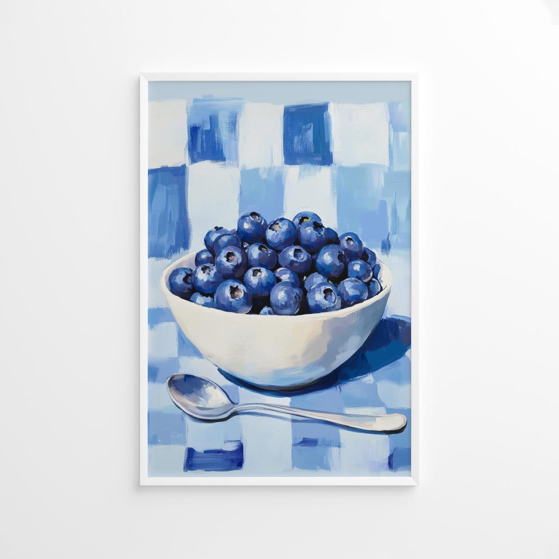 Bowl of Blueberries Painting on Blue Checkered Kitchen Wall Art