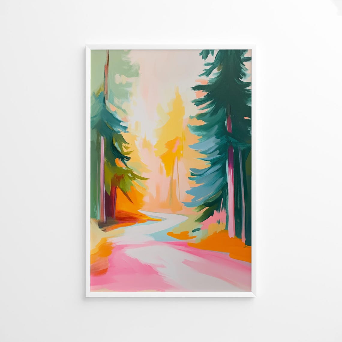 Colorful Abstract Forest Road Pink Evergreen Watercolor Art Poster