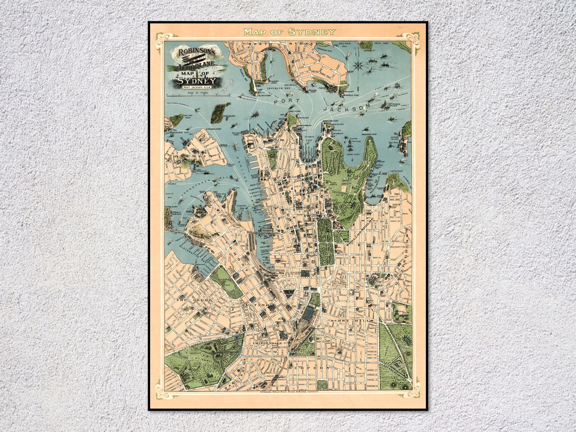 Sydney Australia 1922 Robinsons Aeroplane City Map Vintage Wall Poster