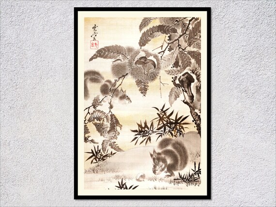 Kawanabe Kyosai Squirrels Gathering Chestnuts Print Ink Wash Autumn Scene