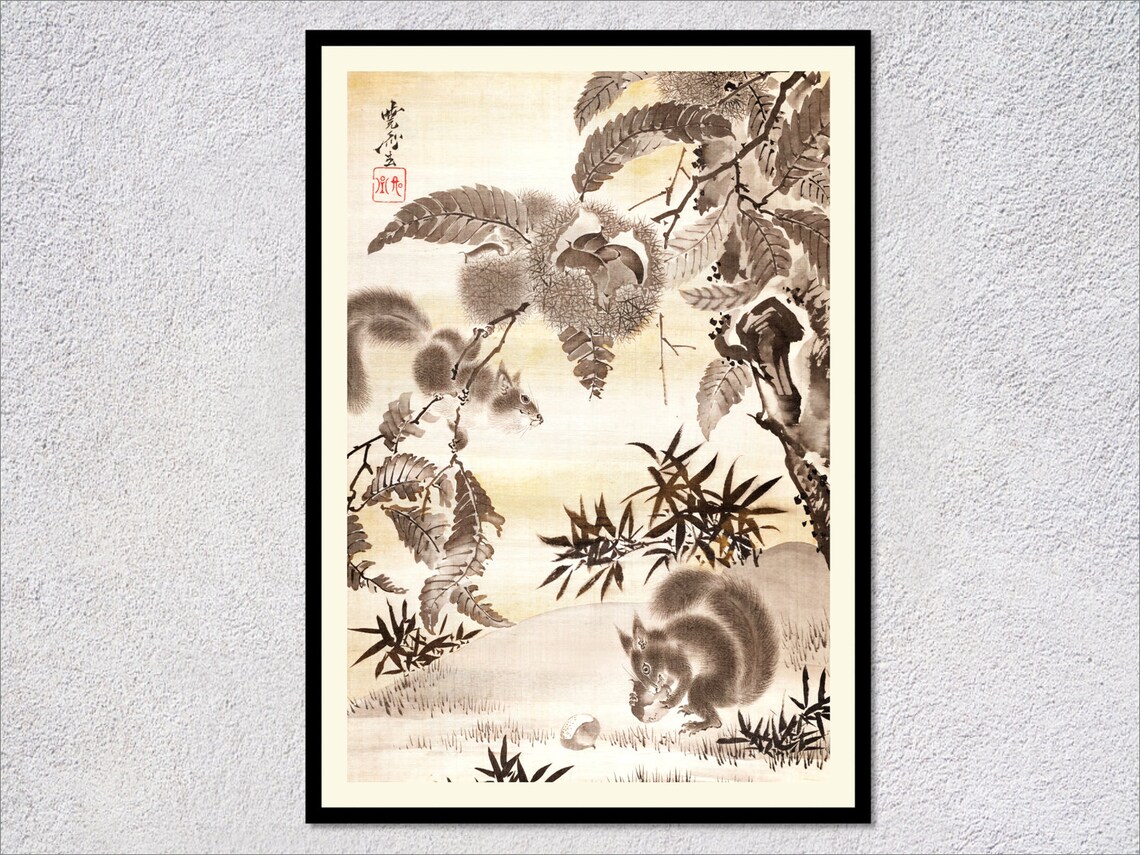 Kawanabe Kyosai Squirrels Gathering Chestnuts Print Ink Wash Autumn Scene