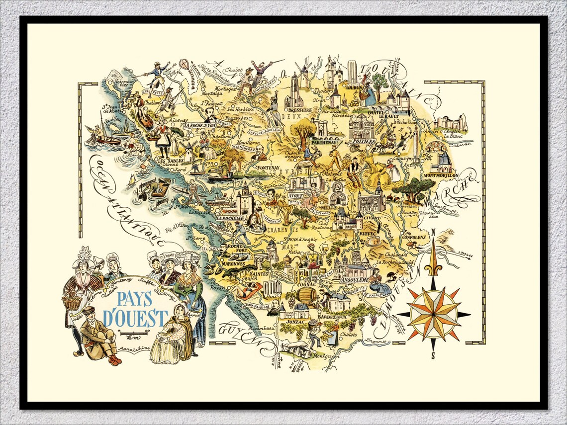 Pays dOuest Western France Vintage Illustrated Coastal Map Art Poster
