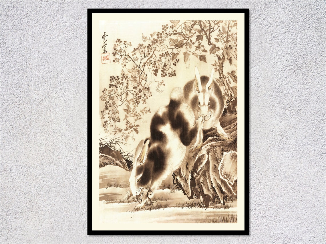 Two Japanese Rabbits Cherry Blossoms Ink Wash Animal Art Print