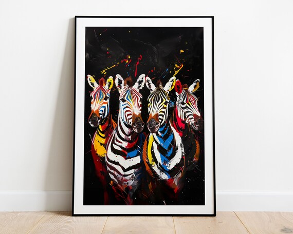 Colorful Zebra Print Abstract Animal Painting Quirky Wall Decor