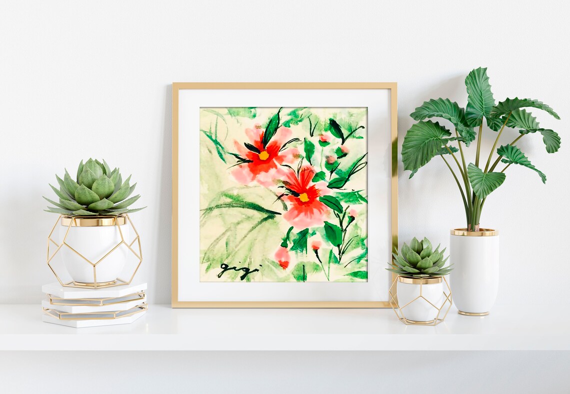 Coral Hibiscus Blooms in Deep Green Foliage Watercolor Poster