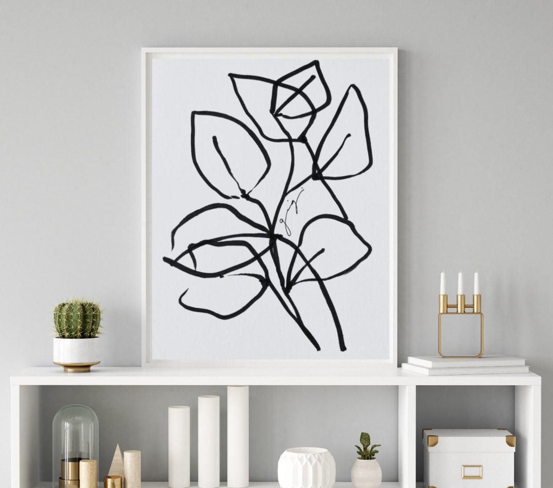 Graphic Bold Black Botanical Line Drawing Leaves Minimalist Poster