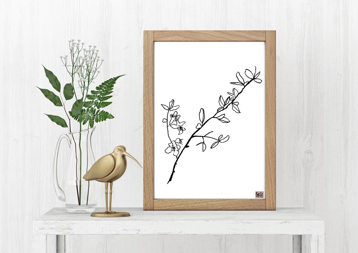 Elegant Black Line Botanical Branch Minimalist Sketch Art Poster