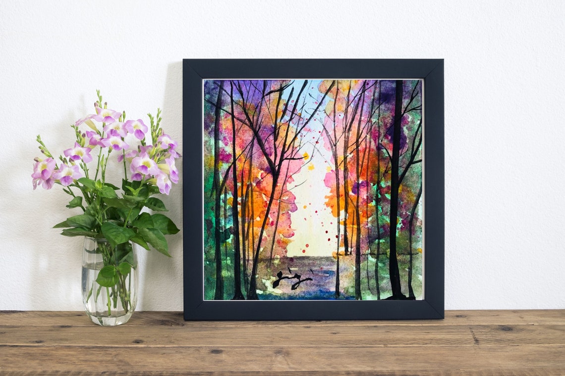 Fiery Autumn Forest Path Silhouette Watercolor Nature Poster