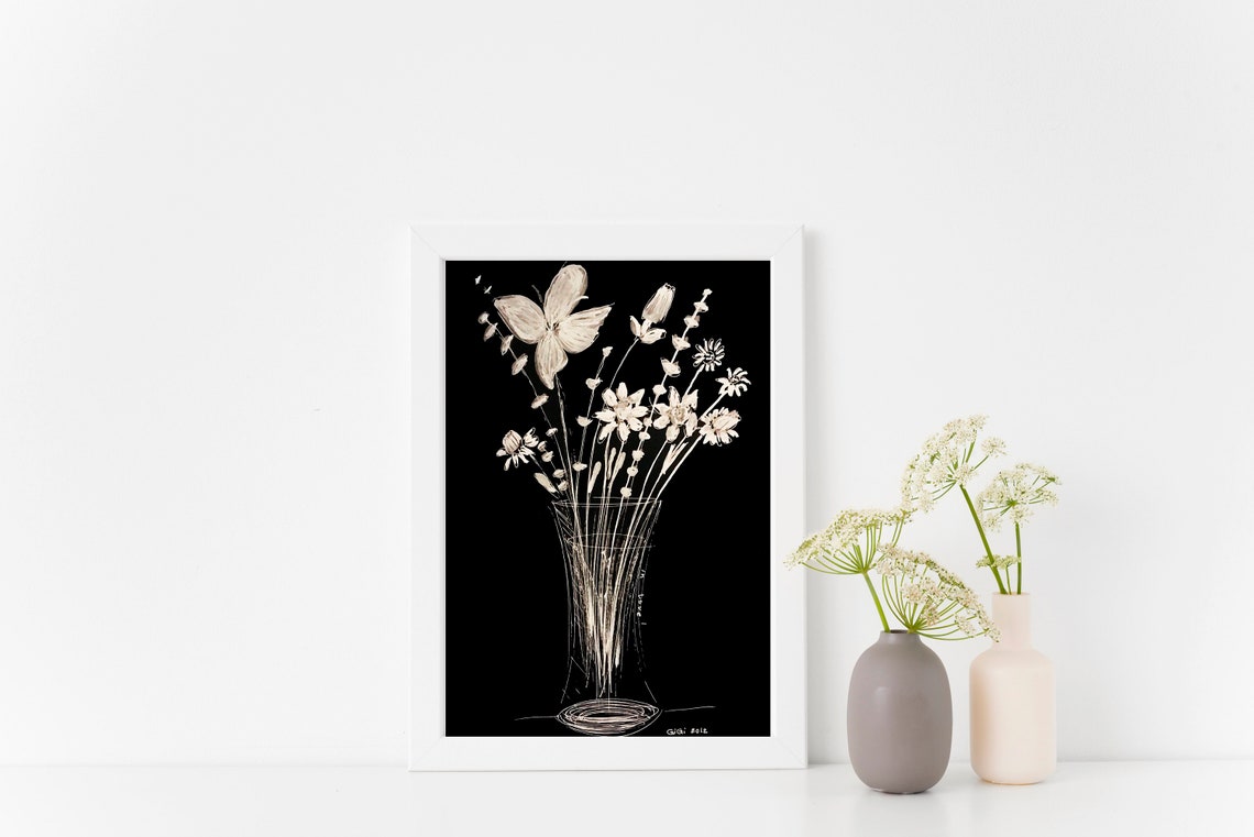Elegant White Butterfly Wildflower Sketch on Black Art Poster