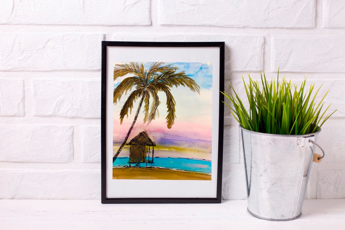 Dreamy Tropical Beach Sunset Palm Tree Beach Hut Watercolor Poster