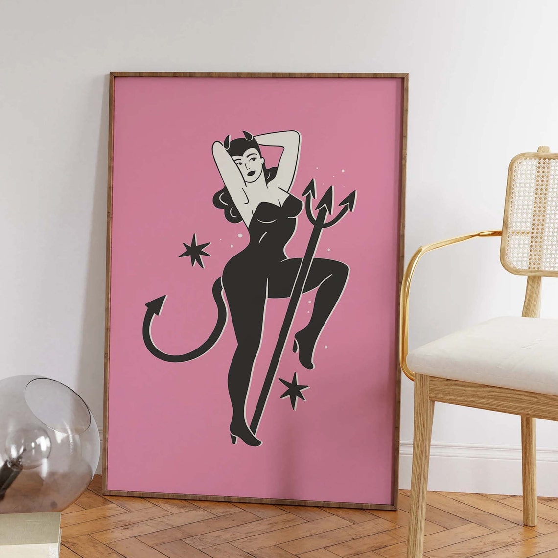 Devil Pinup Print Art Cute Pink Halloween Wall Decor Trendy Halloween Wall Art Spooky Season Poster - Image 2