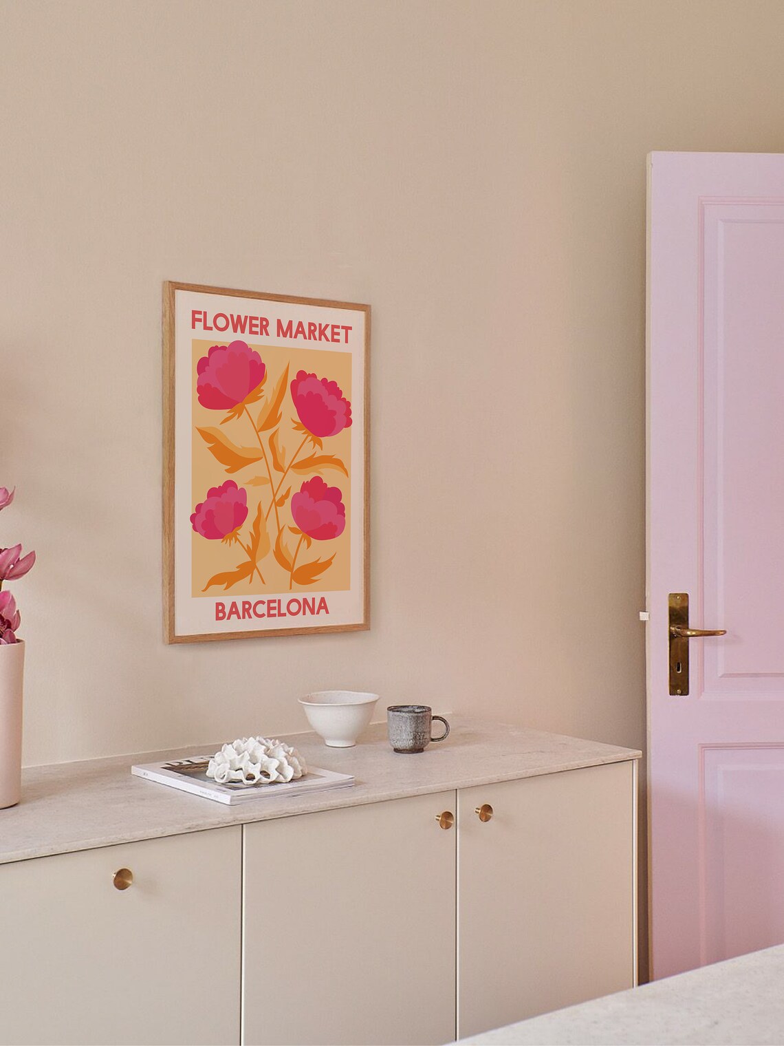 Flower Market Barcelona Pink Peony Orange Vintage Floral Poster - Image 3