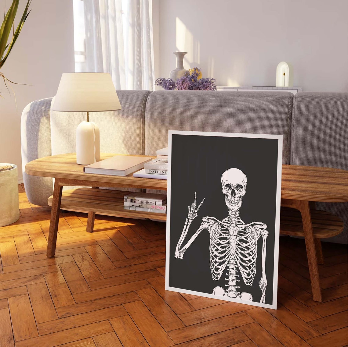 Funny Skeleton Peace Sign Charcoal Gray Background Art Poster - Image 7