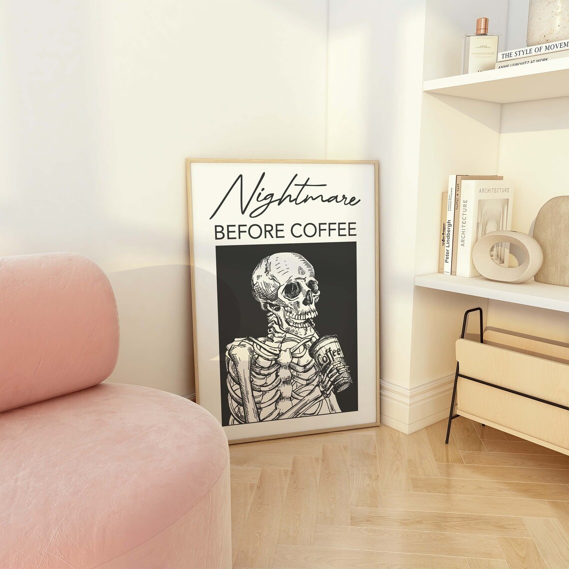 Nightmare Before Coffee Funny Skeleton Black White Coffee Poster - Image 4