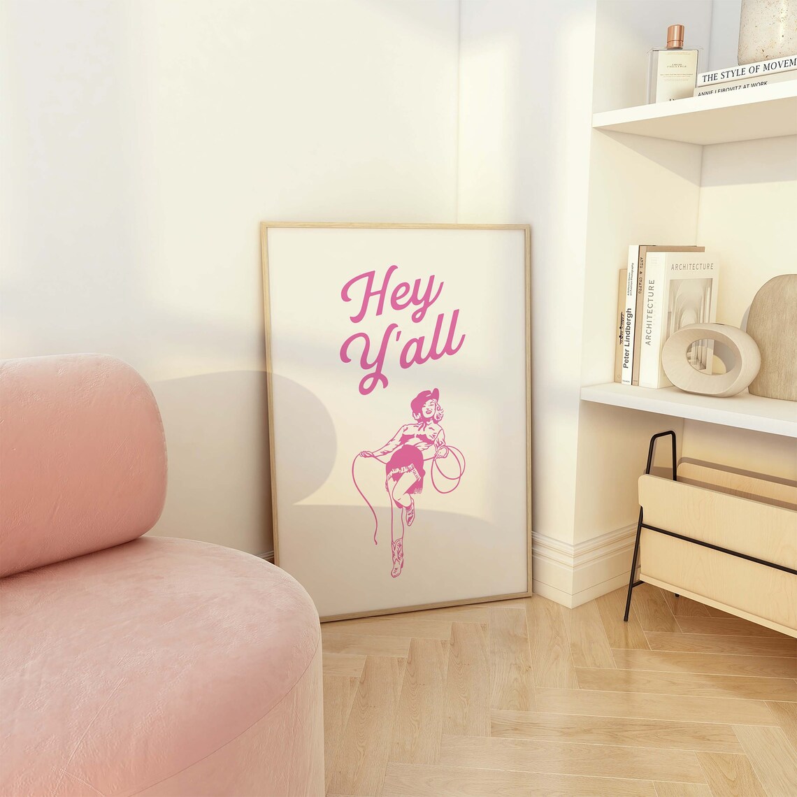 Hey Yall Pink Pinup Cowgirl Lasso Retro Western Script Art Poster - Image 2