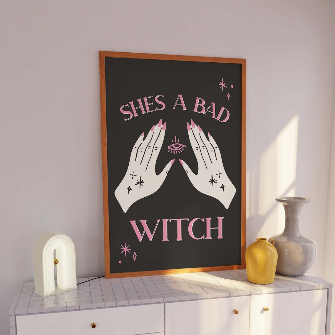 Shes A Bad Witch Print Art Cute Black And Pink Gothic Art Poster Trendy Halloween Wall Art - Image 3